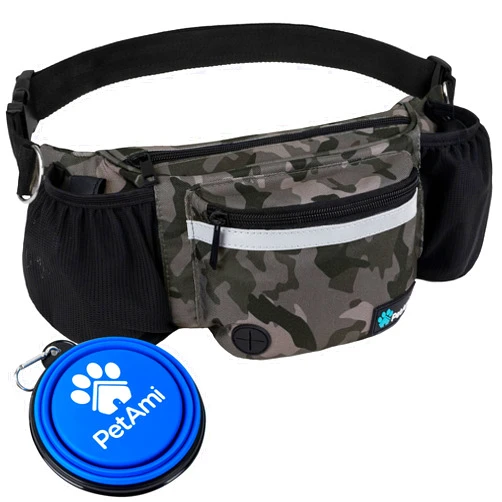 PetAmi Dog Fanny Pack, Treat Pouch for Dog Walking, Training, Built in Poop Bag Dispenser, Water Bottle Holder, Collapsible Bowl, Pet Treat Waist Belt for Hiking, Running, Kibbles (Camo Black)