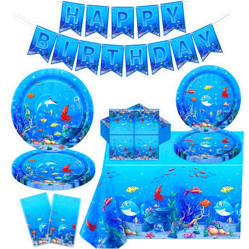TJYJOY 123 Pack Under The Sea Party Supplies Ocean Animal Birthday Party Decorations Set Ocean Themed Happy Birthday Supplies Include Plates, Napkins, Birthday Banner, Party Tablecloth for 40 Guests
