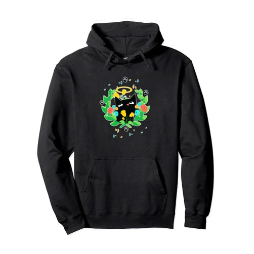 Visit The Feline Serenity Apparel CUTE BLACK ANGEL CAT HALO KITTEN SPRING GREEN WREATH Cute Pullover Hoodie