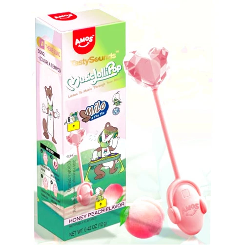 Amos TastySounds Music Lollipop Peach Flavor – Listen to Music with Bone Conduction | Olympic Mascot Edition | Fun Tech Candy Gift 0.42oz
