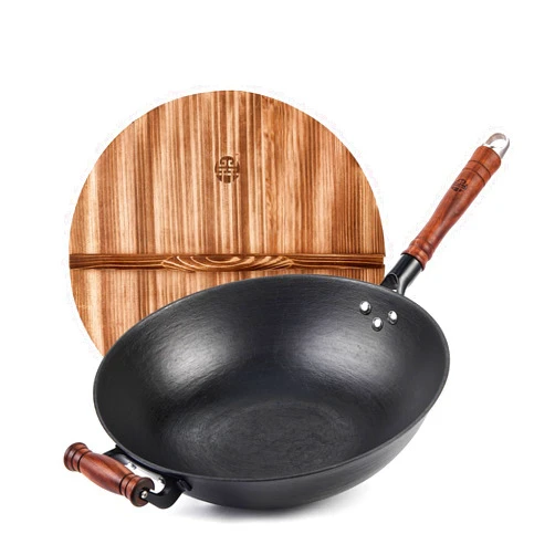 WANGYUANJI Cast Iron Wok Pan 12 inch Flat Bottom with Wooden Handle and Lid, Large Wok Stir Fry Pan Suitable for All Cooktops, Chinese wok with Free Dishcloth and Brush