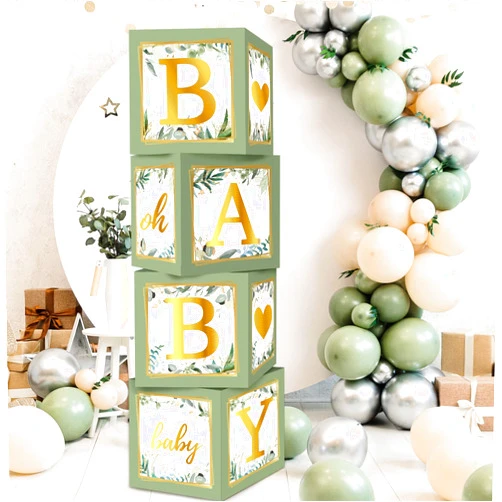 RUBFAC Sage Green Baby Boxes with Letters for Baby Shower, 4pcs Safari Baby Shower Decorations for Boy Girl Balloon Boxes Gender Reveal Baby Shower Birthday Party Favors