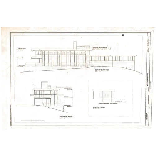 Historic Pictoric : Blueprint South & West Elevations and Window Detail - Cedric & Patricia Boulter House, 1 Rawson Woods Circle, Cincinnati, Hamilton County, OH 24in x 16in