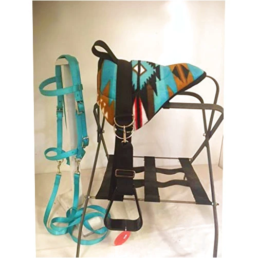 Party Ponies Miniature Horse/SM Pony Childrens Bareback Saddle PAD Set with BITLESS Bridle - Cinch Upgrade - Turquoise Indian Native Set