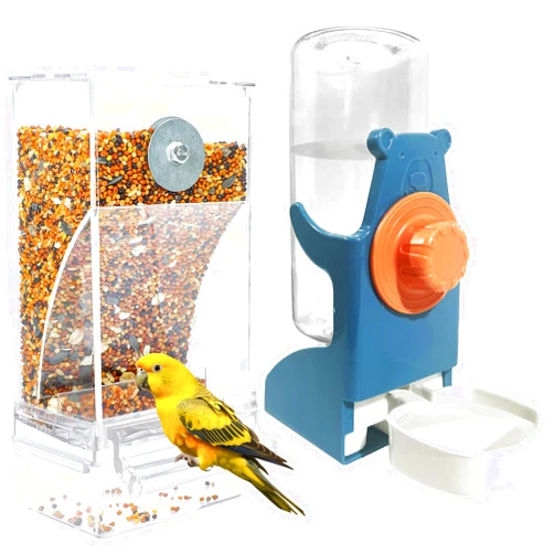 VERTUPET No Mess Bird Feeders with Water Dispenser Automatic Transparent Acrylic Food Container Drinker for Cage Automatic Parrot Feeder Seed Container Cage Accessories (Blue)