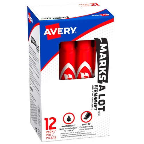 Marks-A-Lot Avery Marks-A-Lot Permanent Markers, Regular Desk-Style Size, Chisel Tip, Water and Wear Resistant, 12 Red Markers (07887)