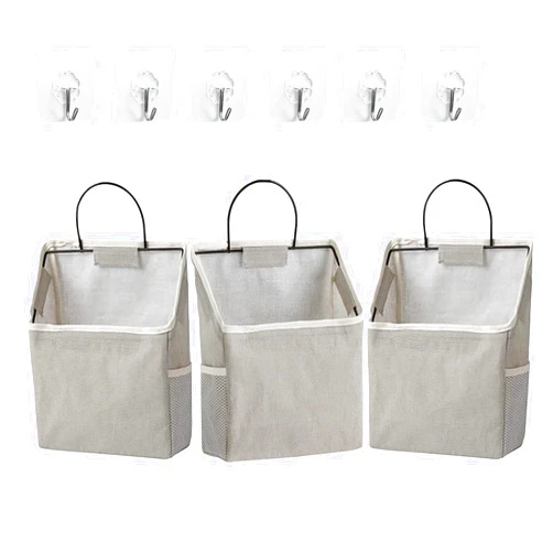 Facune 3 Pack Wall Hanging Storage Bags, Fabric Hanging Pocket Linen Cotton Wall Basket with 6pcs Sticking Hooks, Over Door Hanging Closet Organizer Containers for Dormitory Bathroom Bedroom (Grey)