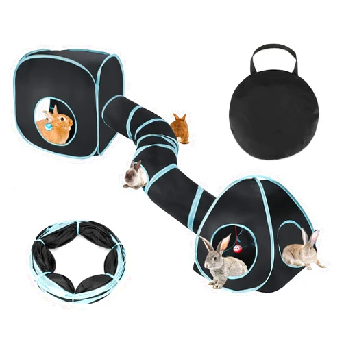BWOGUE Bunny Tunnels & Tubes Collapsible Rabbit Hideout Tube and Foldable Cubes Playground Small Animal Activity Hideaway for Dwarf Rabbits Bunny Guinea Pigs Kitty (Blue Black)
