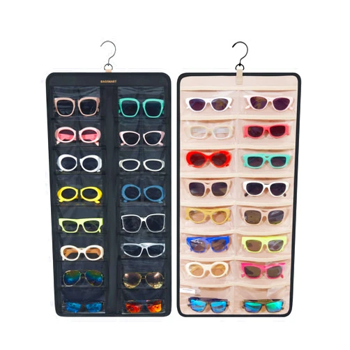 BAGSMART Hanging Jewelry Organizer, Dust Proof Sunglasses Storage Case Wall Mounted, Travel Dual Sided Glasses Case Multiple Pairs, Eyeglasses Holder with 32 Clear Slots & Metal Hook, Black