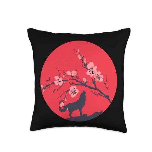 Pack Of Wolves Gift Idea Moonlight Wolf Sakura Wildlife Forest Predator Animal Cherry Blossom Wolf Throw Pillow