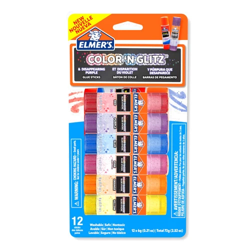 Elmer's Elmer’s Color 'n Glitz Glue Sticks, Washable, Assorted Colors, includes Disappearing Purple Glue Sticks, 6 Grams, 12 Pack