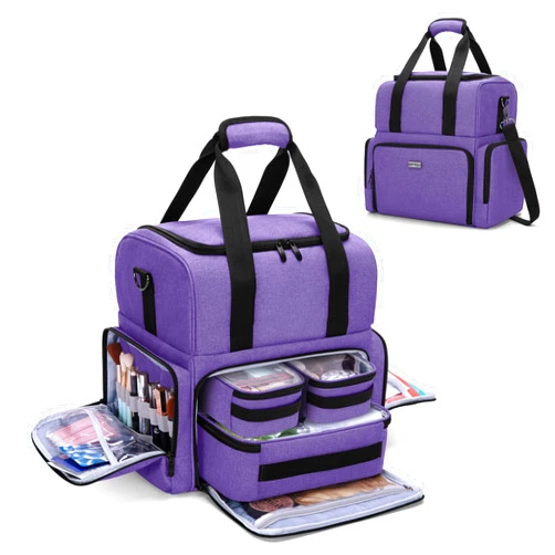 BAFASO 2 Layers Large Travel Makeup Bag with 3 Inner Removable Pouches, Hair Bag Cosmetic Bag Tattoo Carrying Case with Detachable Dividers (Patented), Purple