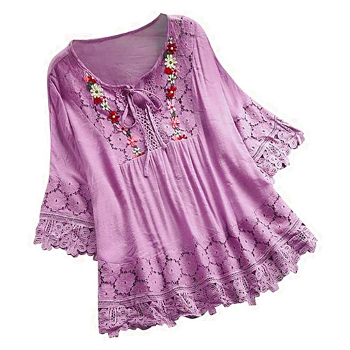 Generic 3/4 Sleeve Mexican Embroidered Peasant Blouses Tops for Women Hippie Flowy Boho Indian Cotton Shirts Tunic Plus Size