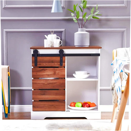BELIFEGLORY Barn Door Storage Cabinet, Farmhouse Sliding Barn Door Wood Accent Chest Kitchen Buffet Cabinet with Adjustable Shelves for Entryway Bar Home Office (Dark Walnut+White)