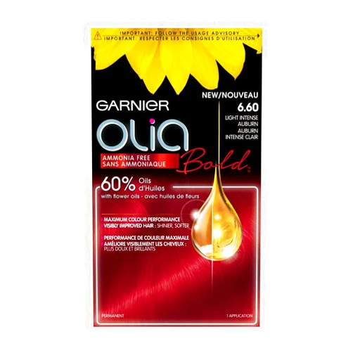 Garnier Olia Bold Ammonia Free Permanent Hair Color (Packaging May Vary), 6.60 Light Intense Auburn, Red Hair Dye, Pack of 1