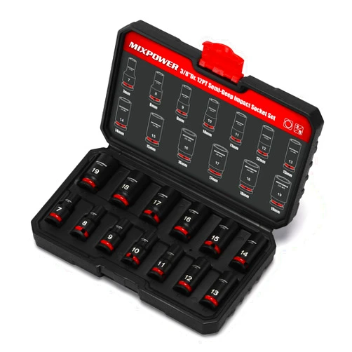MIXPOWER 13 Pieces 3/8'' Drive Semi-Deep Impact Socket Set,12 Point,Metric,7-19mm,CR-MO,Axle Nut Impact Grade Socket for Easy Removal