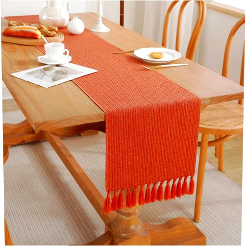 Rikivt Fall Table Runners 72 Inches Long, Rustic Boho Linen Table Runners with Tassels Farmhouse Table Runner for Dining Table Decorations, Holiday Party and Weddings, 13x72 Inches, Orange