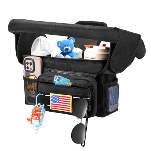 DEYACE Universal Stroller Accessories, Fits for Stroller like Uppababy Baby Jogger Britax BOB Umbrella, Stroller Organizer with Insulated Cup Holder Detachable Phone Bag Shoulder Strap