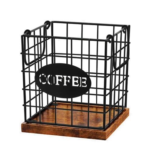 BCOZLUX Coffee Pod Holder Organizer,Large Capacity K Cup Holder Organizer, Storage Basket for Kitchen Countertop Office Coffee Bar with Wooden Base(Rustic Brown-Square)