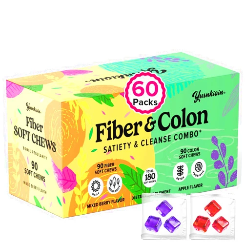Yusnkioin 12g Fiber Gummies & Colon Gentle Cleanse - 180 Soft Chews 0 Sugar Fiber Gummies for Adults, 50 B Probiotics, Psyllium Husk & Senna - Colon Detox Cleanse for Gut Health, Regularity & Bloating Relief