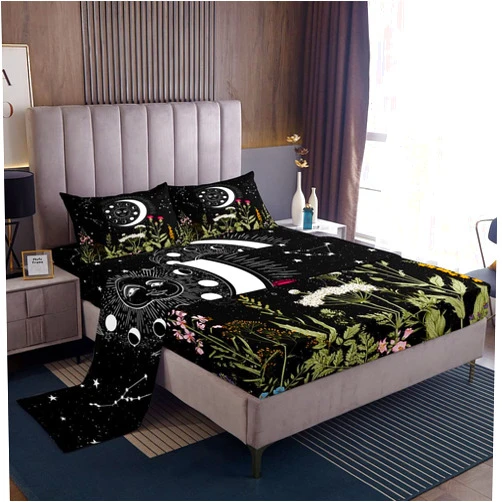 Feelyou Sun and Moon Decor Kids Bed Sheets Girl Bohemian Bed Set Boys Teens Boho Exotic Black White Galaxy Stars Sheet Set Botanical Plant Sheets Bedroom Collection 4Pcs Full Size