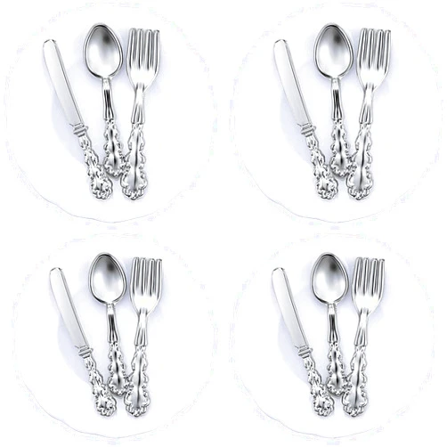 Skylety 4 Pieces 1:12 Scale Miniature Dollhouse Plates and 12 Pieces Spoons Knives Forks Metal Tableware Kitchen Accessories Miniatures Porcelain Plate Set Dollhouse Decoration