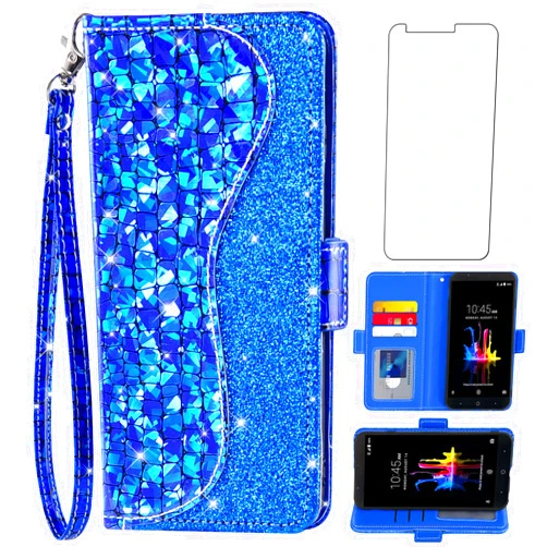 Asuwish Phone Case for ZTE Blade ZMax Z982 Wallet Cover with Tempered Glass Screen Protector and Wrist Strap Flip Credit Card Holder Bling Glitter Stand Cell Z Max Pro 2/Sequoia 982 Women Girls Blue