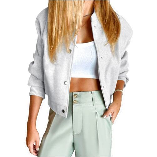 Tankaneo Womens Cropped Bomber Jacket Wool Blend Varsity Short Pea Coats Long Sleeve Button Down Winter Casual Outerwear