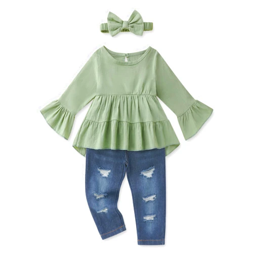 FoWear Toddler Girl Clothes Long Sleeve Ruffle Dress Top and Jeans Pants Toddler Girl Fall Outfits