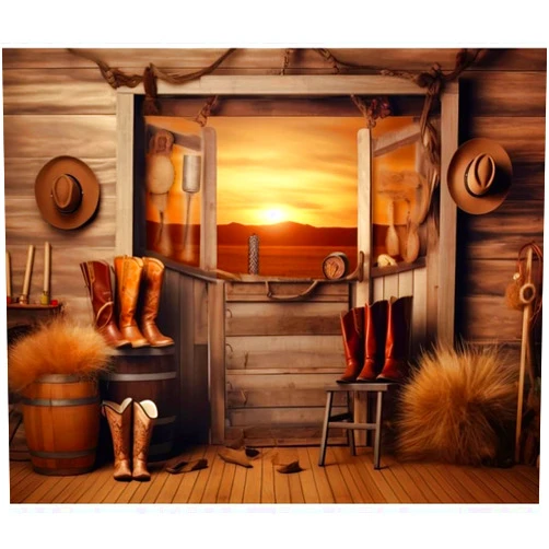 YongFoto Western Cowboy Theme Backdrop 12x8ft Farmhouse Oak Barrel Hay Bale Hat Boots Sunset Window View Photography Background Wild West Salon Party Banner Room Decor Portrait Photoshoot Wallpaper