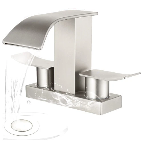RARKEN 4 Inch Deck Mounted Waterfall Bathroom Faucet with 2 Handle, Brushed Nickel, 24.4-Inch Hot and Cold Supply Line, Pop Up Drain, Ceramic Valve Core, and Complete Installation Kit