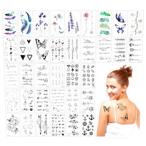 Amaxiu 36 Sheets Waterproof Temporary Tattoo Stickers, Black Realistic Temporary Tattoos for Women Men Adults Including Feather Floral Rose Elf Wings Butterfly Heart Universe on Arm Neck Face Shoulder