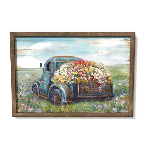Cozy country Truck Framed Wall Art Decor: Rustic Farmhouse Wooden Picture Country Blue-brown Car Painting Blue Sky and Wild Flowers Landscape Prints Artwork for Bedroom Kitchen 36'' x 24''