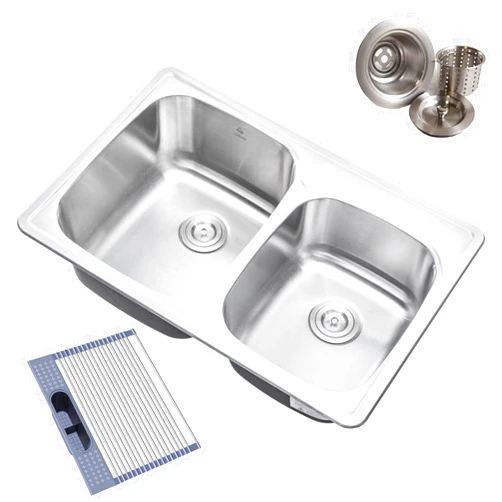 COZY COZYBLOCK CozyBlock 33 x 22 x 9 Inch 60/40 Offset Top-mount/Drop-in Stainless Steel Double Bowl Kitchen Sink with Strainer and Dishrack - 18 Gauge Stainless Steel-1 Faucet Hole