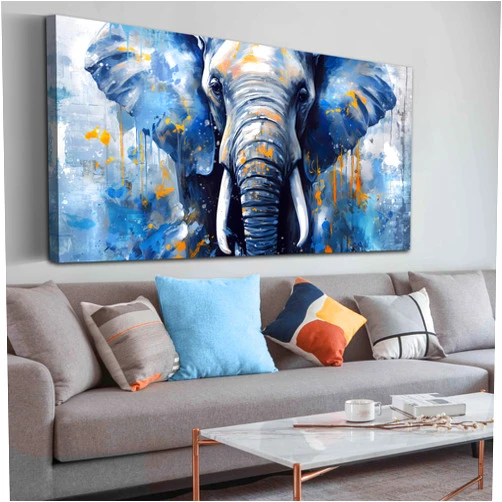 ENTANUB Elephant Wall Art for Living Room, Animal Canvas Print Painting for Bedroom, Blue Picture Decor, Size 59 x 29 Inches