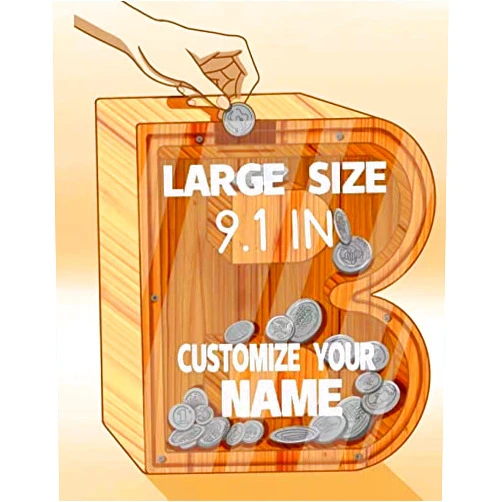 MAMGRROAT 9.1 inch Personalized DIY Custom Wooden Piggy Bank,Custom Letter Piggy Bank,Banks for Kids,Wooden Coin Bank,Wooden Initial Piggy Bank,Child Piggy Banks,Christmas Birthday Gift,Personalized Piggy Bank