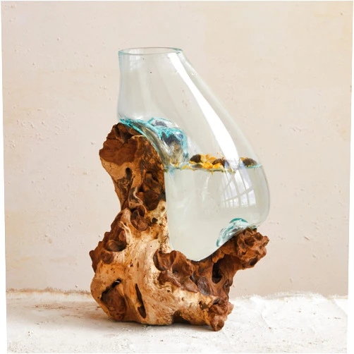Creative Co-Op Reclaimed Glass Terrarium Vase on Wood Base, Clear and Natural