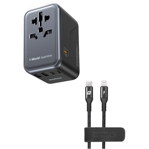MOMAX Universal Travel Adapter, 65W GaN Travel Plug Adapter with UK/EU/AU/US Plugs, 3USB-C PD & 2USB-A QC, USB C to Lightning Cable Nylon Braided MFI Certified 1ft Short Charging Syncing Cord