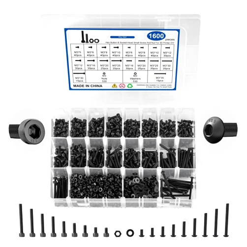 Takytao 1600 Pcs M3 Screw Kit, M3 Button Head Screws and M3 Socket Head Screws, Metric Machine Screw Assortment 12.9 Grade Alloy Steel Black Zinc Plated M3 Screws Bolts and Nuts Kit