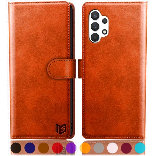 SUANPOT for Samsung Galaxy A32 5G RFID Blocking Leather Wallet Case - Flip Folio, Card Holder, Shockproof, Light Brown