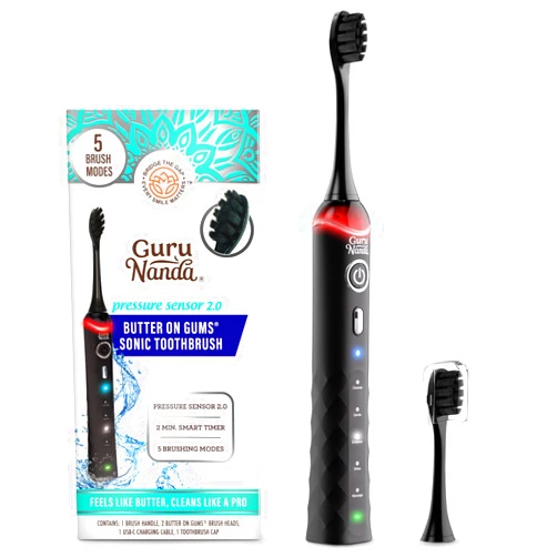 GuruNanda Pressure Sonic 2.0 Electric Toothbrush with Butter On Gums Bristles – Smart Pressure Sensor, 5 Modes, 2-Min Timer, 55-Day Rechargeable Battery, IPX7 Waterproof, Black