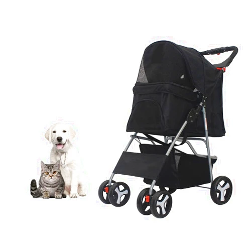 MANDOYV Foldable Pet Stroller, 4 Wheels Pet Stroller with Weather Cover & Storage Basket Travel Folding Carrier for Dog and cat