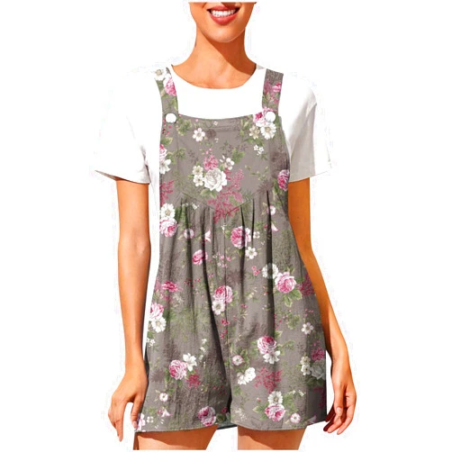 SMIDOW Womens Summer Fashion Wide Leg Rompers Casual Retro Printed Button Suspender Shorts Jumpsuits Bib Overalls