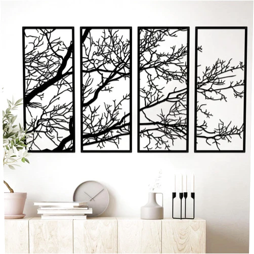 ESTART 4 Pieces Tree of Life Metal Wall Decor, Black Tree Branch Metal Wall Art, Tree Sign Wall Hangings for Home Garden Office Living Room Indoor Outdoor (Large)