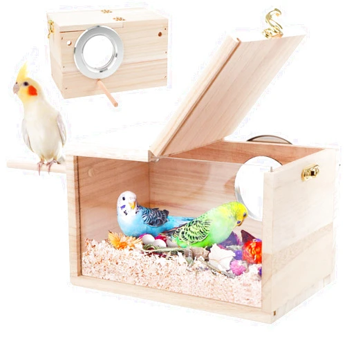 Rypet Parakeet Nesting Box Transparent Design, Bird Nest Breeding Box with Perch Wood Bird Cage House for Cockatiel Lovebirds Budgie Finch Parrotlets Canary