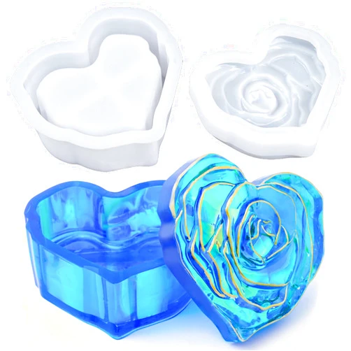 Dacies Heart Jar Resin Mold with Rose Lid Epoxy Resin Storage Box Casting Mould DIY Jewelry Trinket Candy Container Silicone Moulds Epoxy Concrete Cement Plaster Jesmonite Planter Candle Vessel Craft Molds