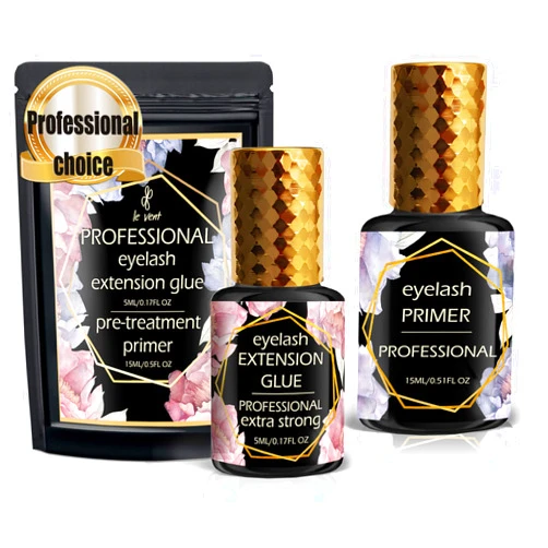 Le vent Extra Strong Eyelash Extension Glue 5 ml and Primer 15 ml Set - 1 Sec Dry - Up to 8 Weeks - Latex Free & Waterproof - Black Professional Lash Adhesive - Individual Lash Glue - by le vent