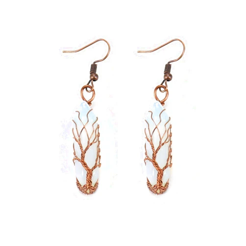ENESEA Unique Copper Wire Wrap Hexagon Prism Tiger Eye Stone Dangle Earrings Lapis Lazuli Tree Of Life Jewelry,All Opal