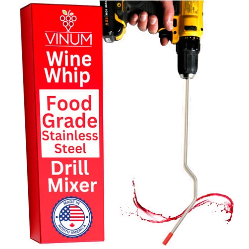 VINUM Wine Beer Degasser Whip for Wine Making | 15.5” Stainless Steel 316 - Drill Mixer Rod Attachment Wand | Winemaking, Brewing, Mead, Kombucha, Lees Supplies | Mixing Stirring, De-gassing, Agitator Tool