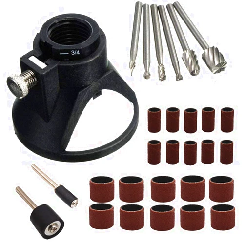 Boxonly 29 PCS Rotary Multi Purpose Tool Horn Cover Cutting Guide Router Attachment Kit with 6pcs HSS Routing Drills Bits,20pcs Sandpaper Circle,2pcs Shaft Carving Rotary Locator Set